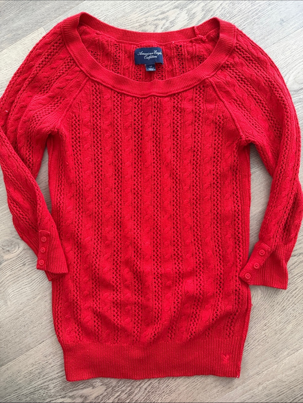 American Eagle Outfitters Bright Red Cable-Knit Scoop Neck Sweater